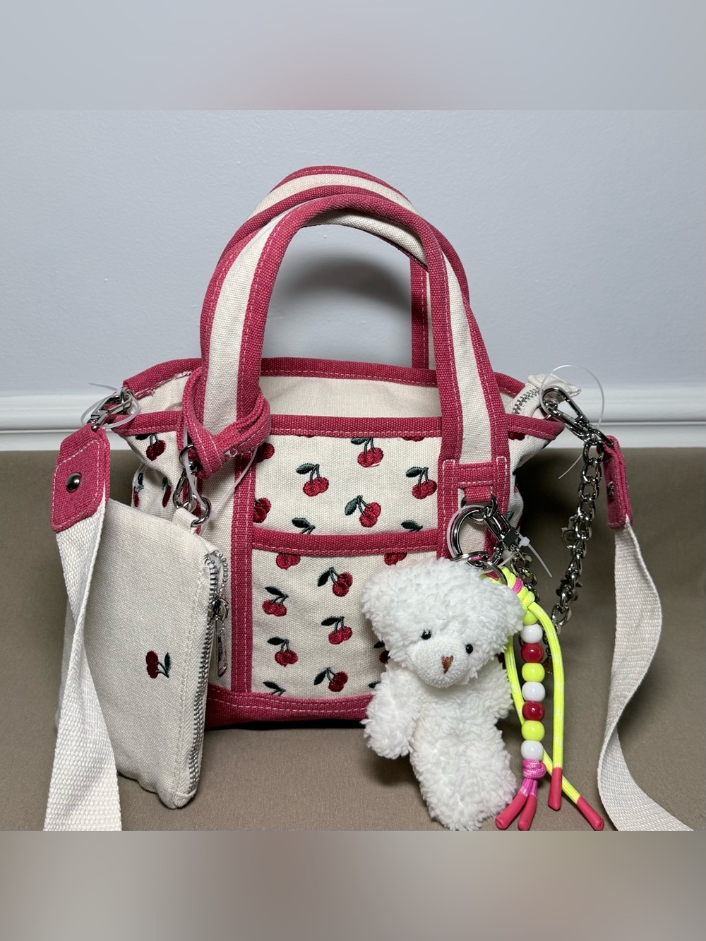 Madden Girl Cream and Pink Cherry Canvas Tote |Plush Charm, Pouch, Chain, Beads